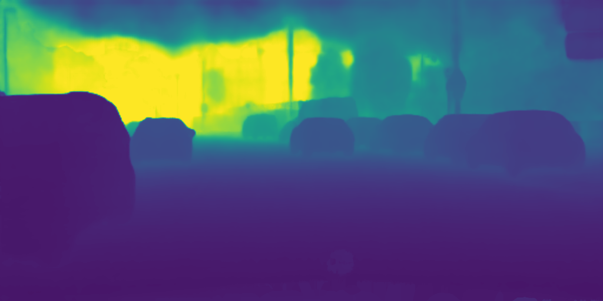 Depth prediction on a street scene, near surfaces bright and far surfaces dark